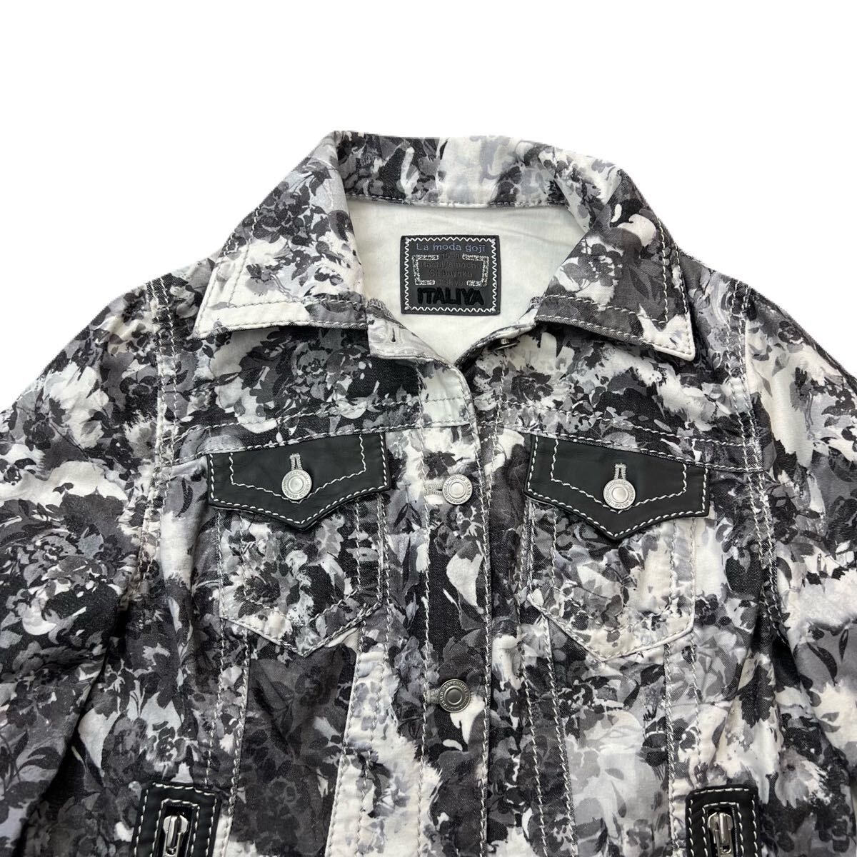 伊太利屋 イタリヤ 派手柄 デザイン コットン ストレッチ ジャケット ホワイト ブラック 11 春 秋 個性派 モード 古着 AB 362