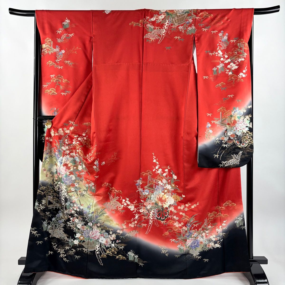 振袖 身丈167cm 裄丈66cm M 袷 花車 橋 金銀彩 ぼかし 朱色 正絹 秀品