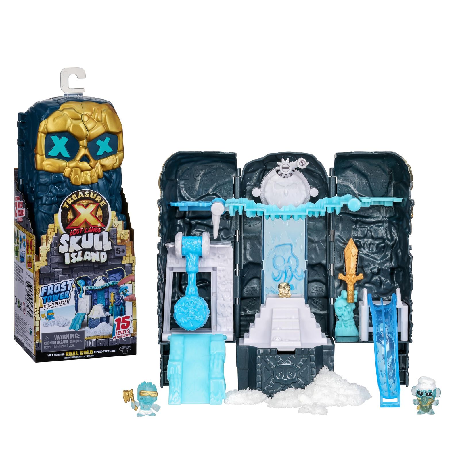 TREASURE X Lost Lands スカルアイランド フロストタワー マイクロプレイセット、15レベルの冒険!罠を生き残り、2つのマイクロサイズのアクションフィギュアを発見してください本物の金に浸した
