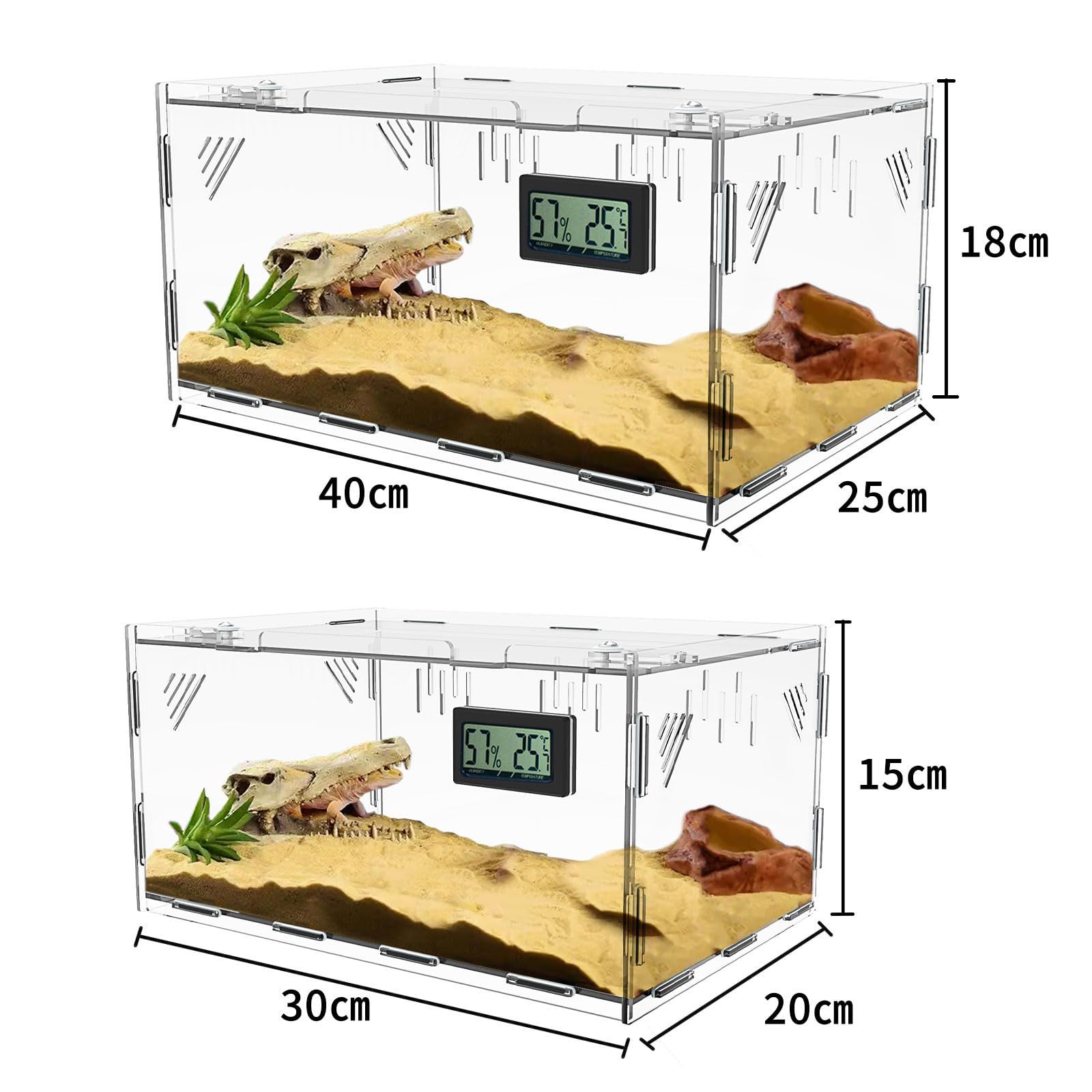 【迅速発送】トカゲ ケージ 爬虫類 ケージ 爬虫類 飼育ケース 温度湿度計付き 爬虫類テラリウムタンク 昆虫飼育ケース 透明 通気ケージ 給餌箱 飼育容器アクリル 換気が良い 給餌ケージ ボックス 亀 トカゲ ヤモリ 蜘蛛 サソリハリネズミ ヘビ カエル 小型