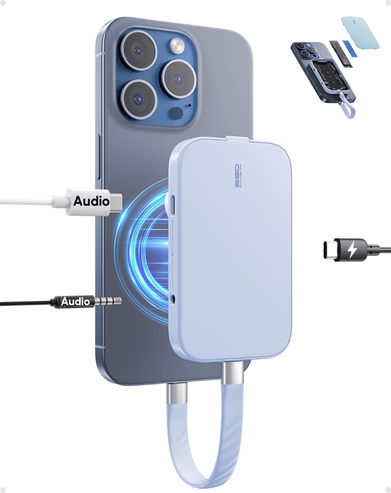 新着商品 2242| 2230| 2260| 2280 SSD SSD to USB-C エンクロージャ マグネット式 iPhone 16 15 外付け Pro Max ProRes用 ケース 1*PD 60W 1*USB-C 2230 2.0|3.5m