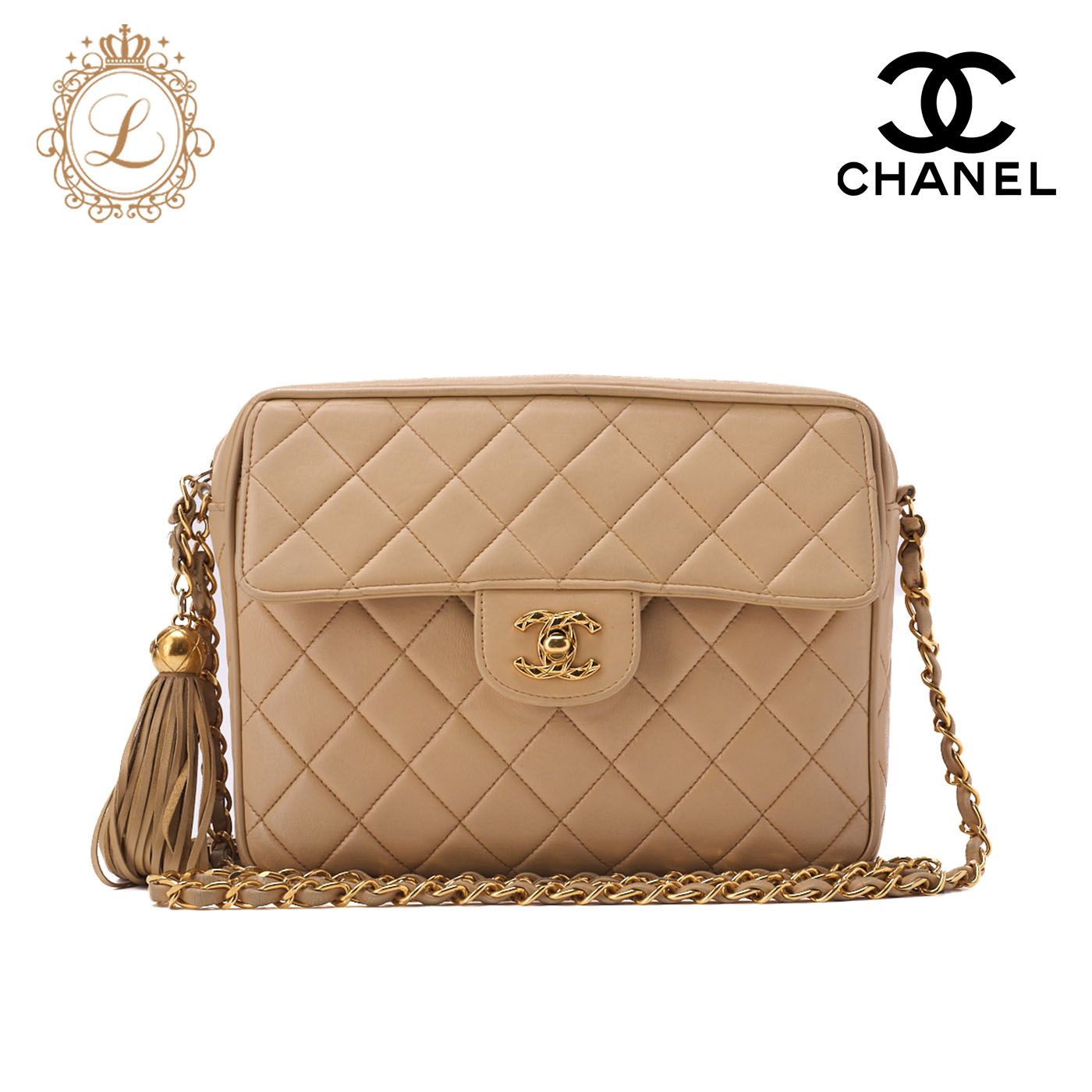 シャネル チェーン ショルダーバッグ ラムスキン フリンジ ベージュ 白系 マトラッセ シャネル CHANEL フリンジ チェーンショルダーバッグ