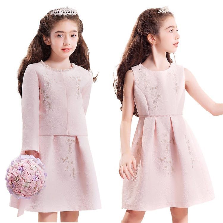 フォーマルドレス 2点セット ピンク ホワイト 女の子 子供ドレス ボレロ ノースリーブ ワンピース 子供服 ワンピース 刺繍 子供洋服 誕生日