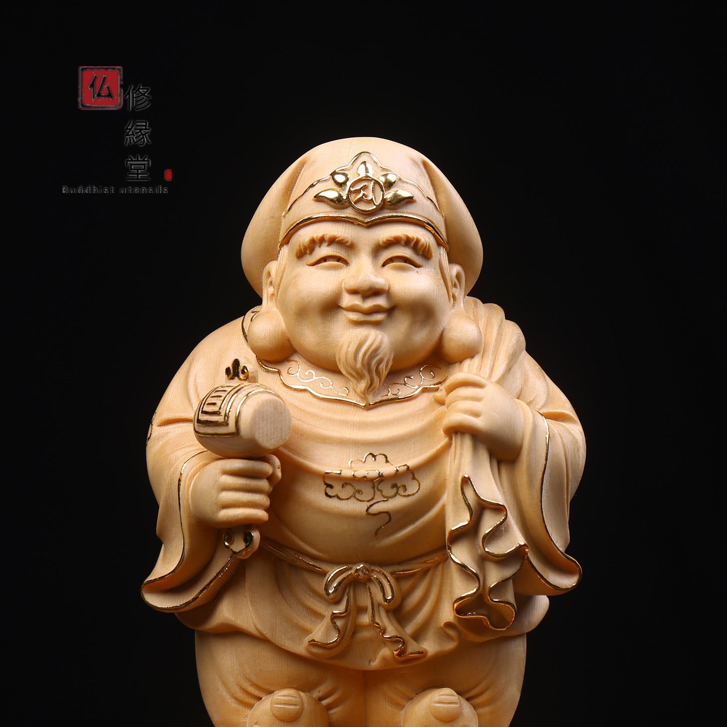 修縁堂】新作 木彫り 仏像 福神大黒天立像 財神 檜材 仏教工芸 彫刻 