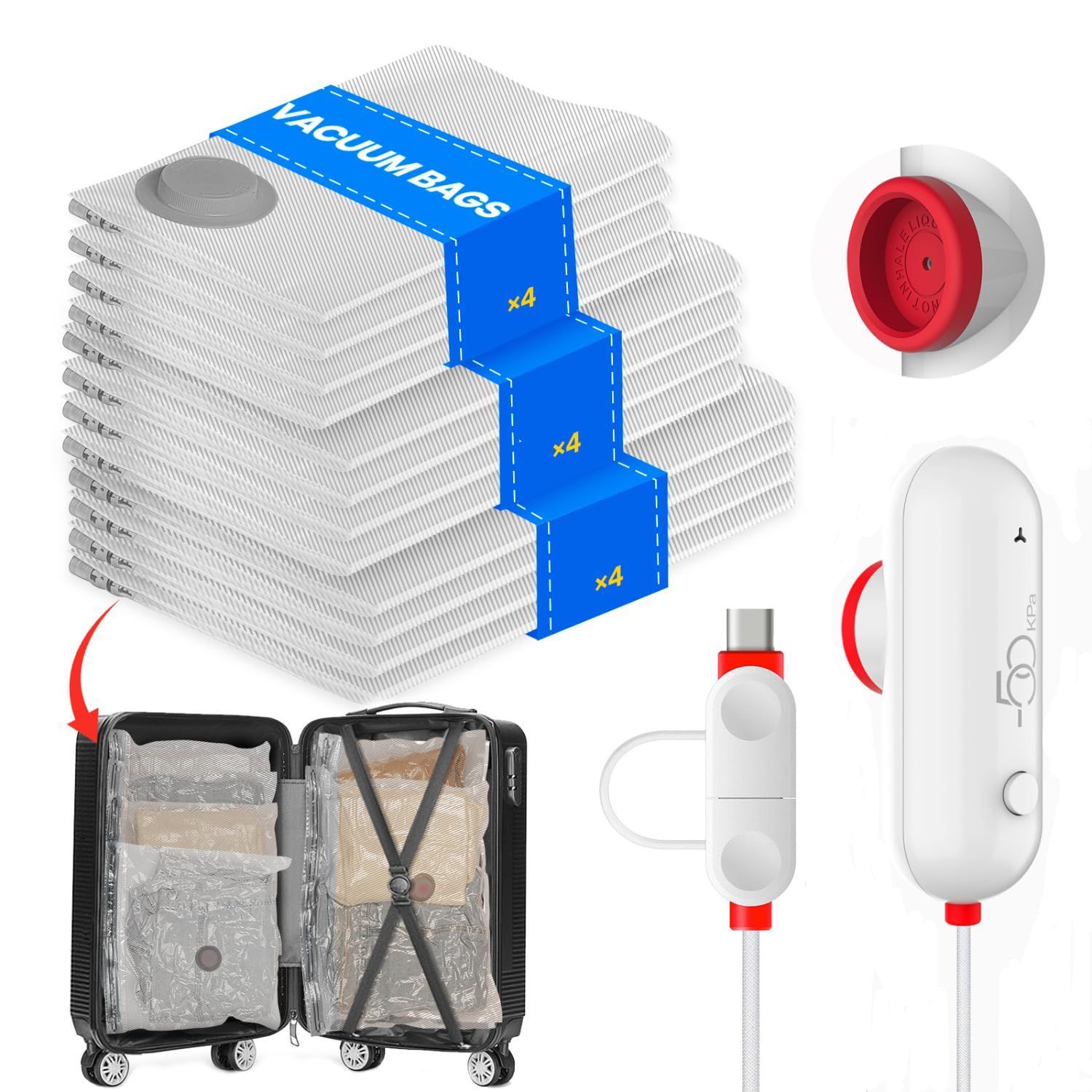 Vacbird 旅行用圧縮袋 12枚入 衣類 圧縮袋 USB給電 電動ポンプ付き 衣類収納 真空収納袋 圧縮袋 ポンプ 吸引機 真空圧縮 スペース節約 服 収納 圧縮袋 旅行 引越し 出張 衣類整理  40*40*4枚 /40*50*4