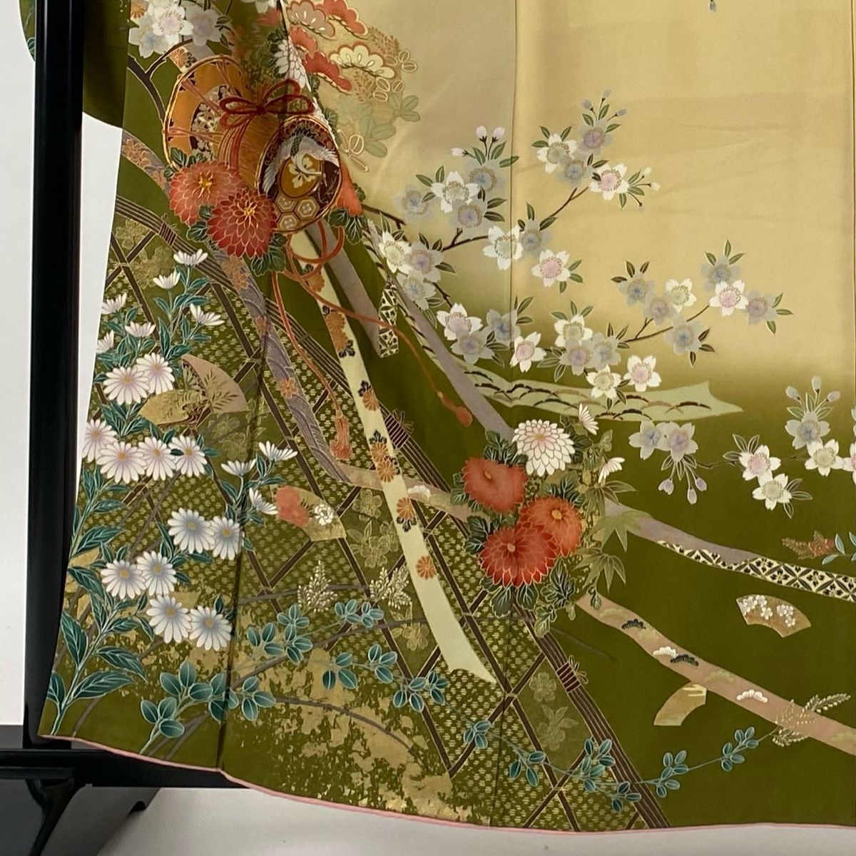 振袖 身丈161.5cm 裄丈70cm L 袷 袋帯フルセット 鼓 桜 金糸
