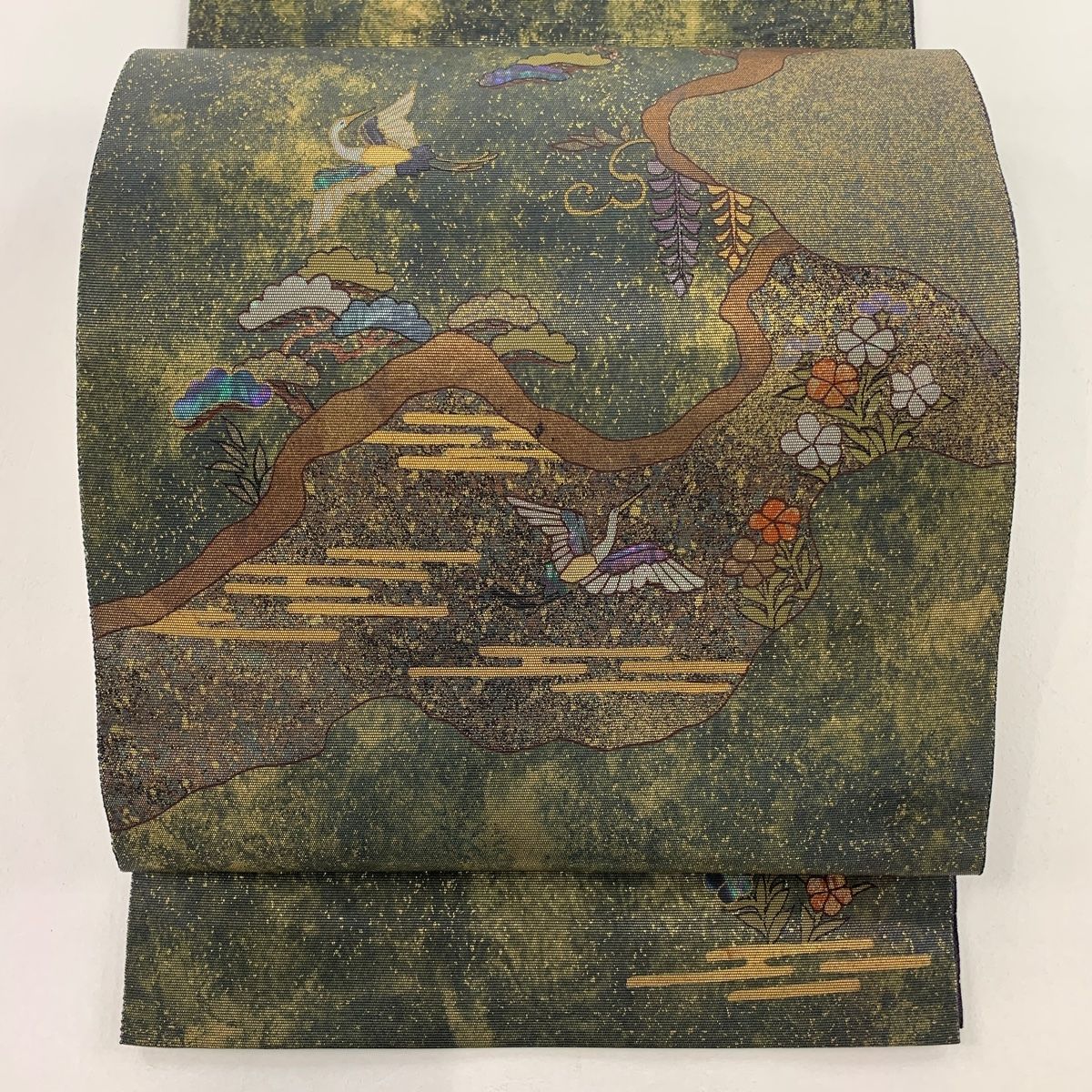 袋帯 名品 落款 鳥 笠松 螺鈿 金彩 茶緑色 お太鼓柄 正絹