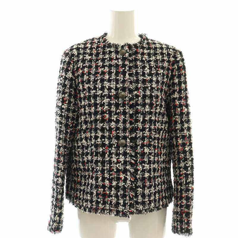 セオリーリュクス theory luxe 24AW Ilume Tweed Sharley ツイードジャケット ノー フリンジ 総裏地 38 ブラック ホワイト レッド |DO OS