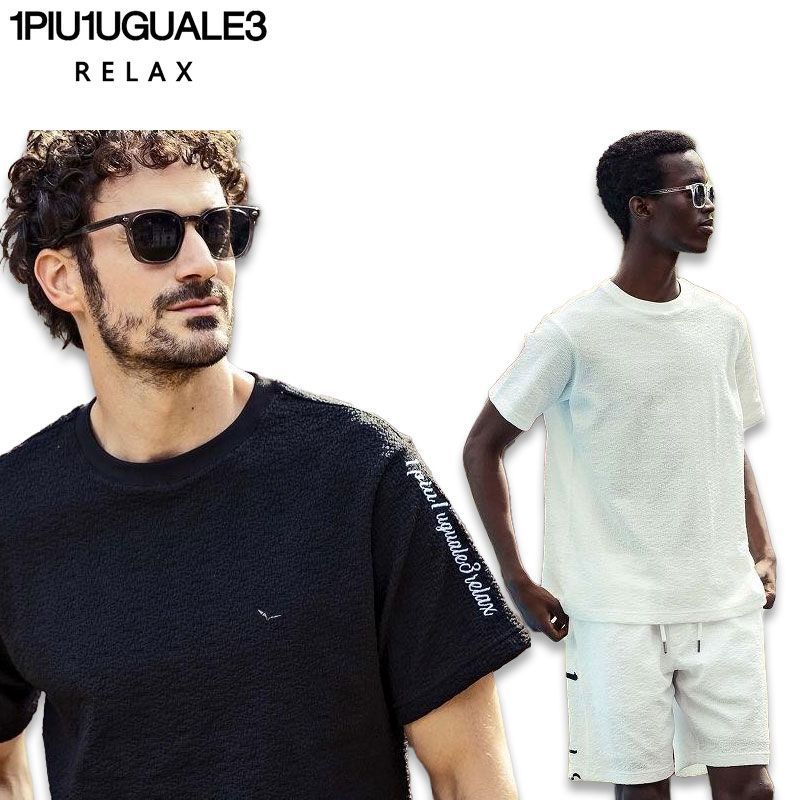 1PIU1UGUALE3 RELAX クレープニット ロゴ 半袖Tシャツ 半ズボン 上下セット USK-24022-USK-24021 白 黒 M L XL ウノピュー