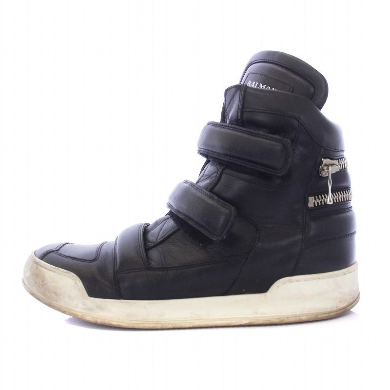 バルマン BALMAIN ハイカットスニーカー ベルクロ レザー 42 27cm 黒