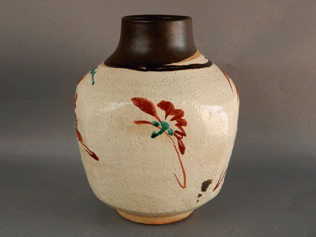 人間国宝 藤本 能道 赤絵 花瓶 壺 花入 真作】藤本能道 赤絵