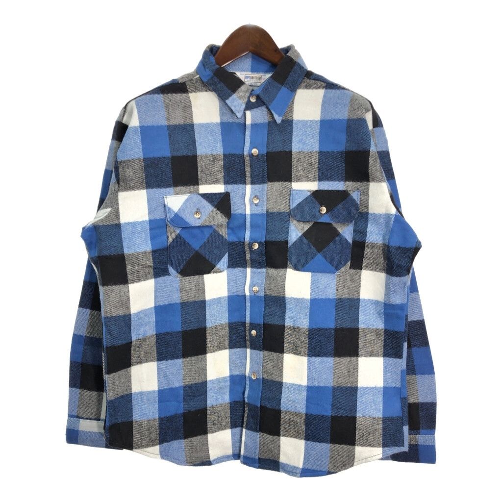 80年代 USA製 FIVE BROTHER ファイブブラザー フランネルシャツ ブロックチェック ブルー (メンズ XL) 中古 古着 T3082