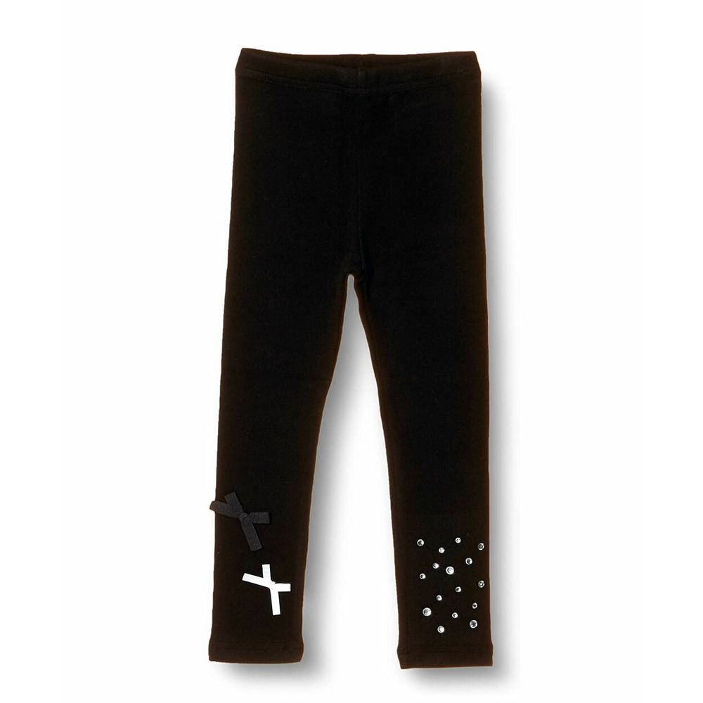 BLACK  120cm  エストレギンス 女の子 キッズ レギンス かわいい スパッツ 10002931 パンツ 秋 冬 春 10分丈 十分丈 黒 アシンメトリー リボン ストーン こども 小学生 女子 おしゃれ 可愛い オシャレ