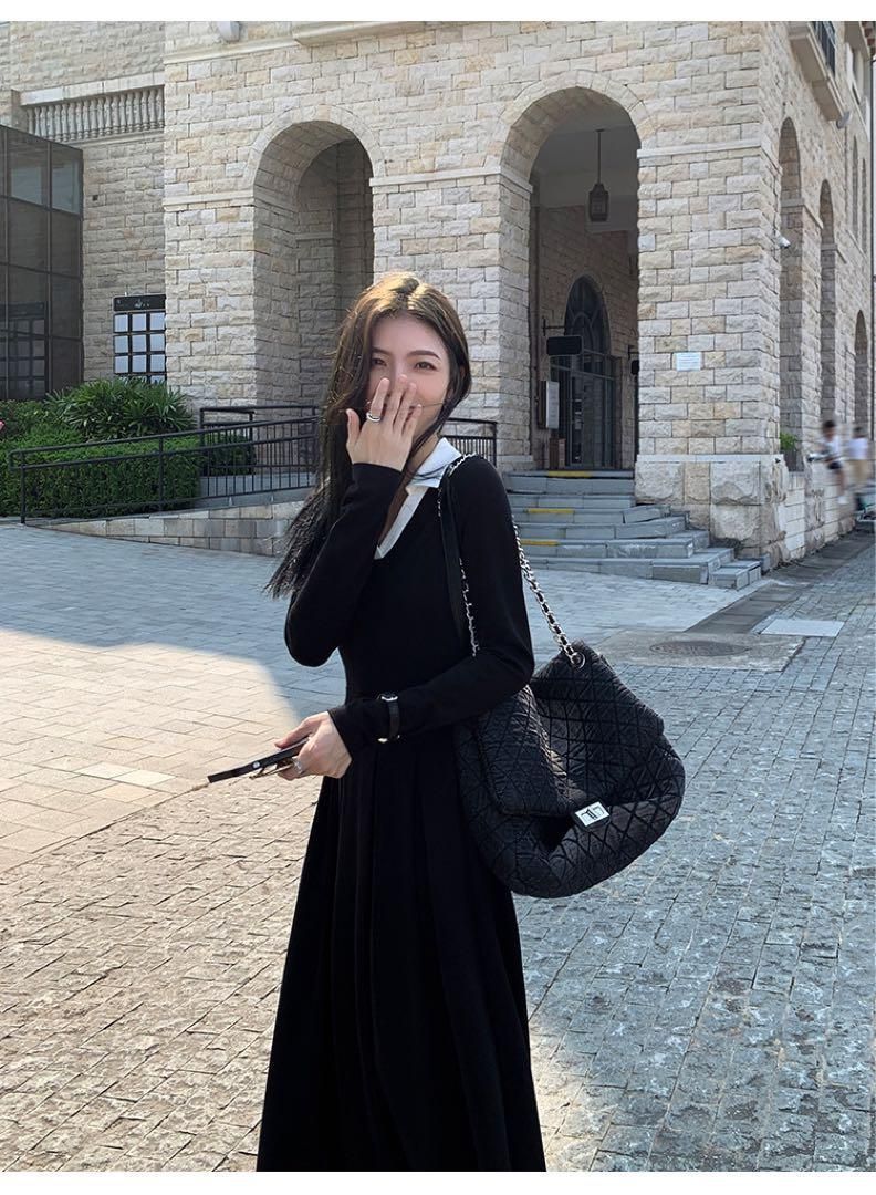 春セクシーコントラストニットドレスロング丈ワンピース