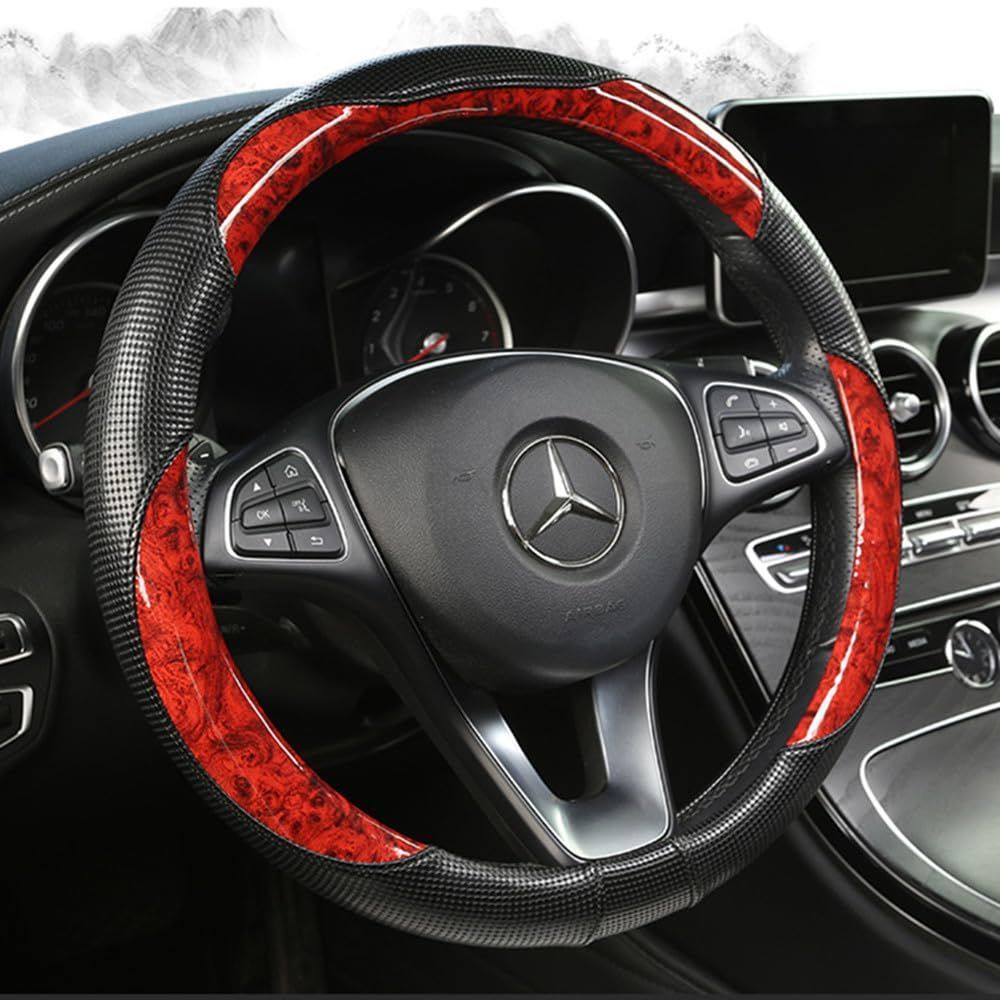 【在庫セール】ステアリングカバー(レッド) 握り心地よい おしゃれ 四季汎用 汗策 滑り止め 通気性よし 38cm O型 車内装 多車種適応 普通車 軽自動車 木目調 ハンドルカバー