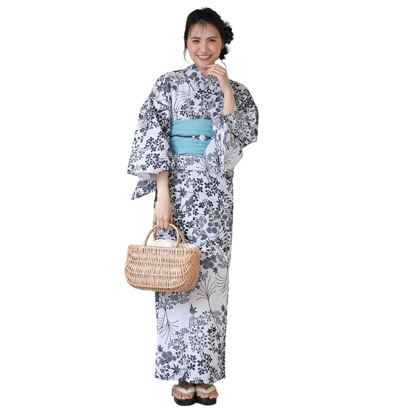 選べる16柄 浴衣ヘコ帯セット ときめき夏恋浴衣ヘコ帯2点セット 16.白地に紺色の小さな草花