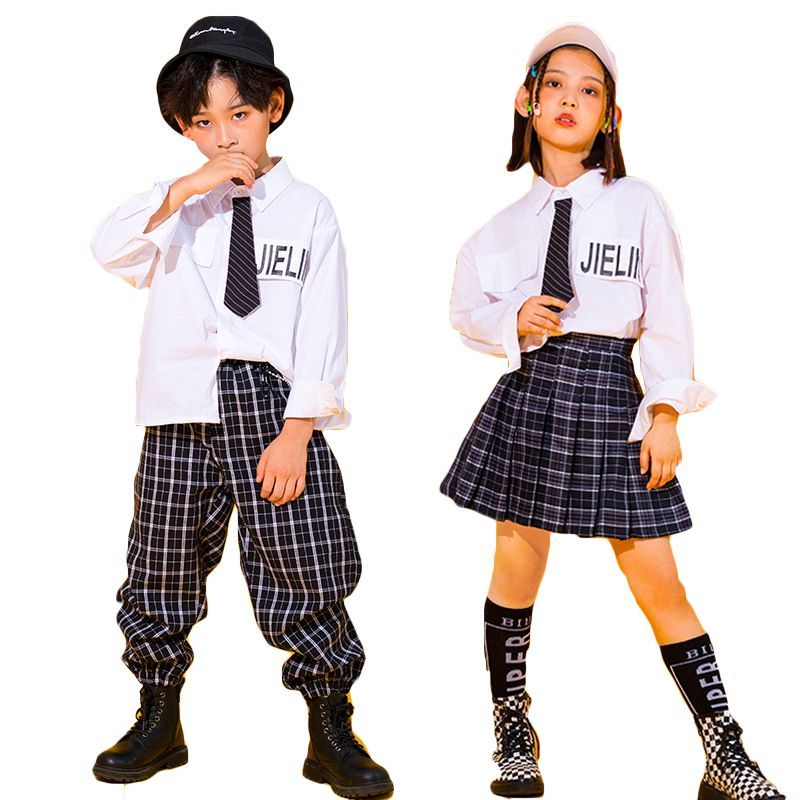キッズ ダンス 衣装 セットアップ 長袖 シャツ ストリート 子供服 ヒップホップ ジャズ スカート ロンパンツ チェック ダンスウェア フォーマル チア nee3u322080