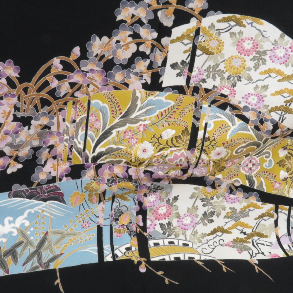 本加賀友禅 黒留袖 宮野勇造 梅に江戸町風景文様 正絹 袷 広衿 比翼付 落款入 作家物 本場加賀友禅染 礼装着物 フォーマル 仕立て上がり 身丈170cm 本加賀友禅 黒留袖 宮野勇造 梅に江戸町風景文様 正絹 袷 広衿 比翼付