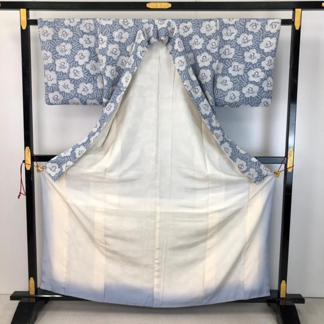 小紋 総絞り 椿の花模様 青袋鼠色 K-5428