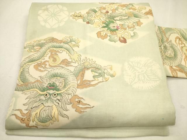 平和屋着物＊夏物　アンティーク　大正ロマン　九寸名古屋帯　駒刺繍　龍　松皮菱花鳥唐草文　銀糸　正絹　逸品　CAAU4028eg 平和屋着物＊夏物 アンティーク 大正ロマン 九寸名古屋帯 駒刺繍 龍 松