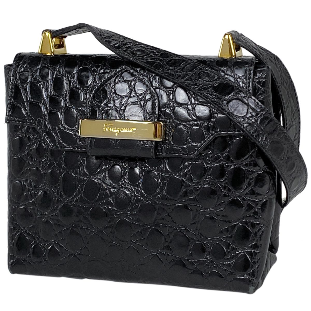 FERRAGAMO ブラックレザーショルダーバッグ サルヴァトーレフェラガモ Salvatore Ferragamo ロゴ ショルダー