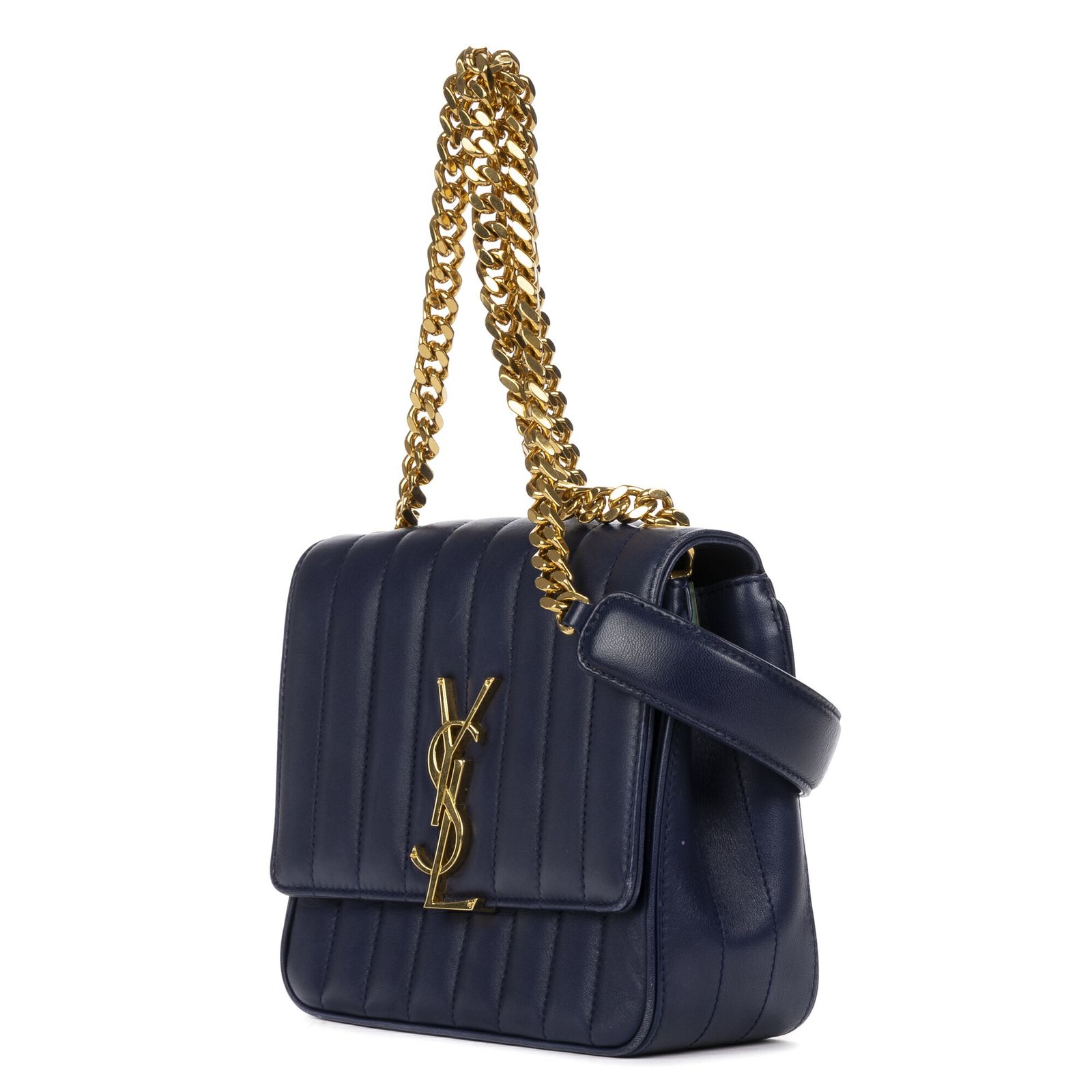 YVES SAINT LAURENT イヴサンローランヴィッキー チェーン フラップ クロスボディダークブルーマトラッセカーフスキンA