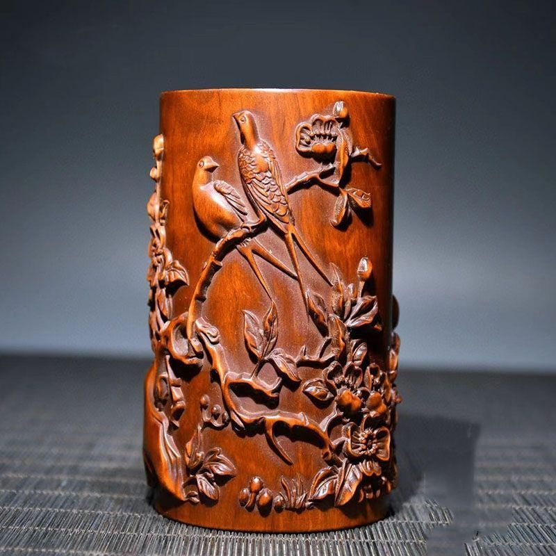 黄楊木 浮彫花鳥 筆筒 筆箱 文房具 置物 黄楊木 浮彫花鳥 筆筒 筆箱 文房具 置物 アニマル 筆箱