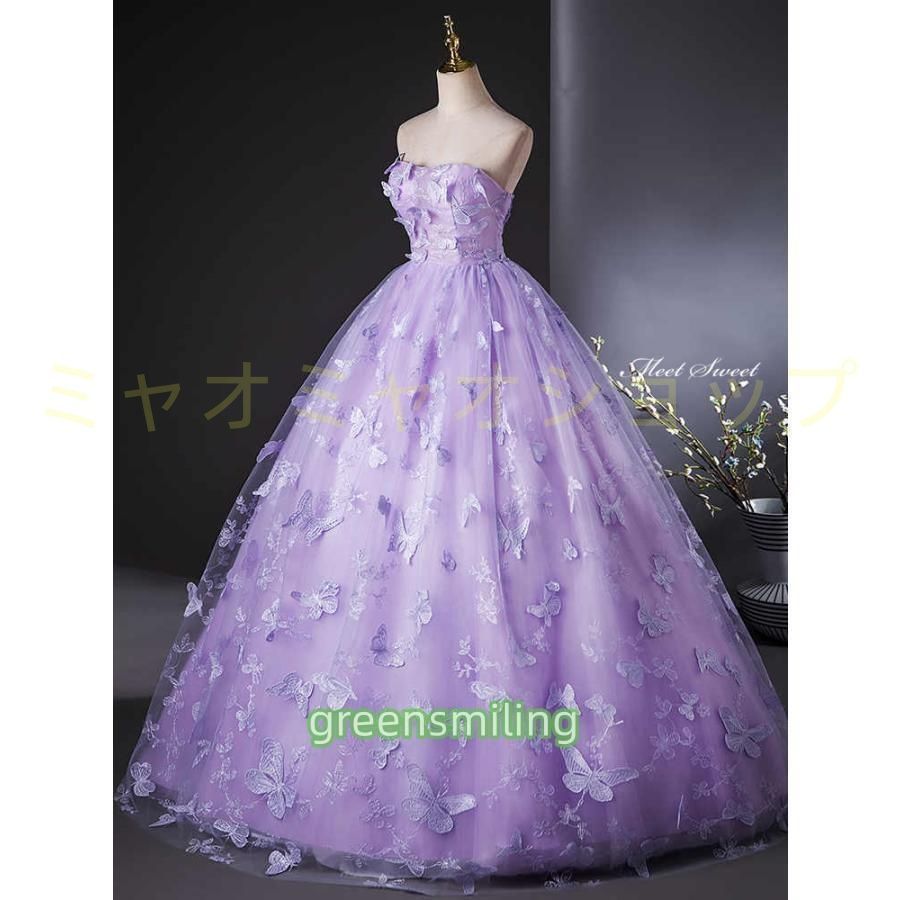 ドレス パープル 蝶 紫 ベアトップ チューブトップ ウェディングドレス 二次会 演奏会 発表会 ロングドレス 結婚式 ステージドレス WP数量 価格926