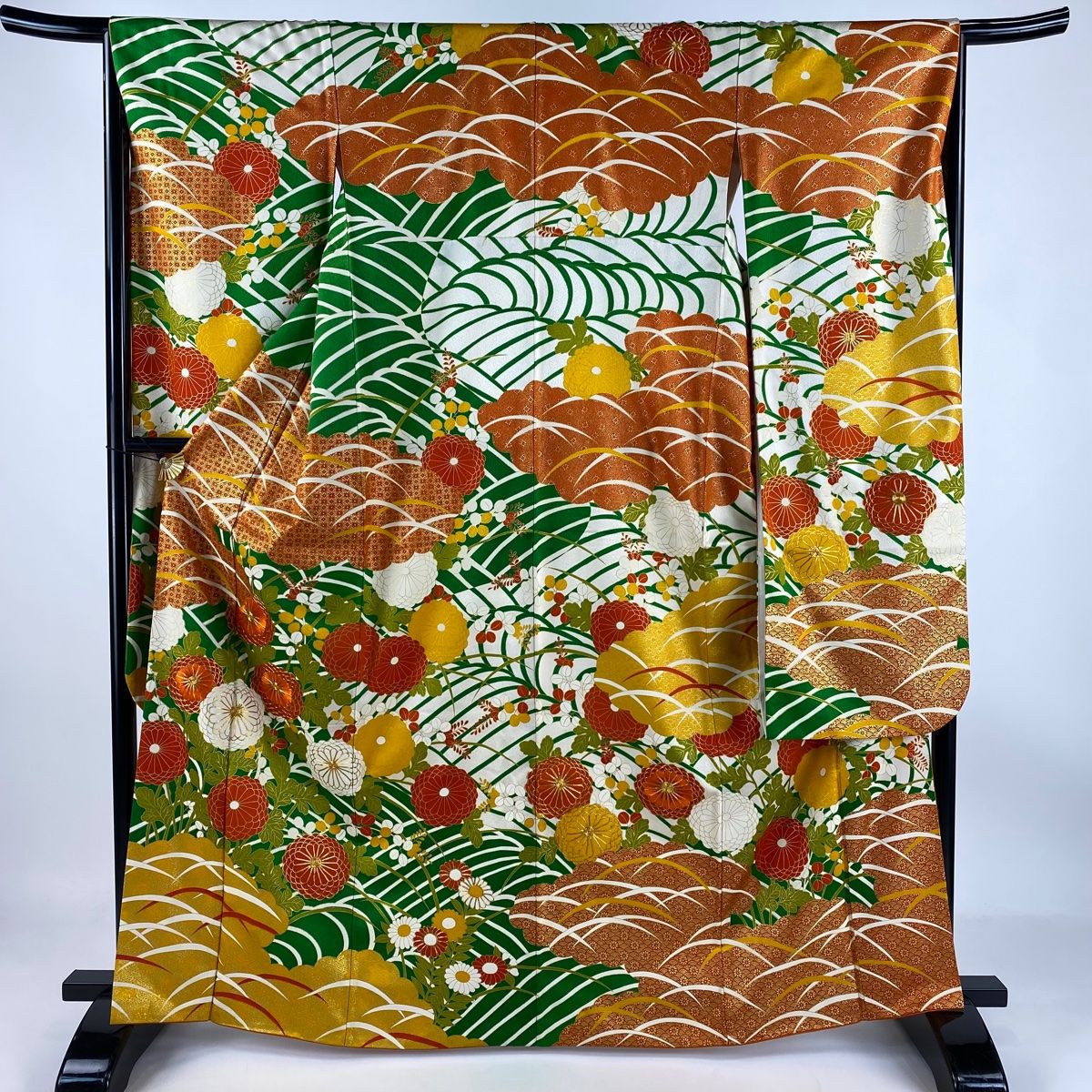 振袖 身丈165cm 裄丈66cm M 袷 菊 雲文 金糸 金彩 緑 正絹 秀品