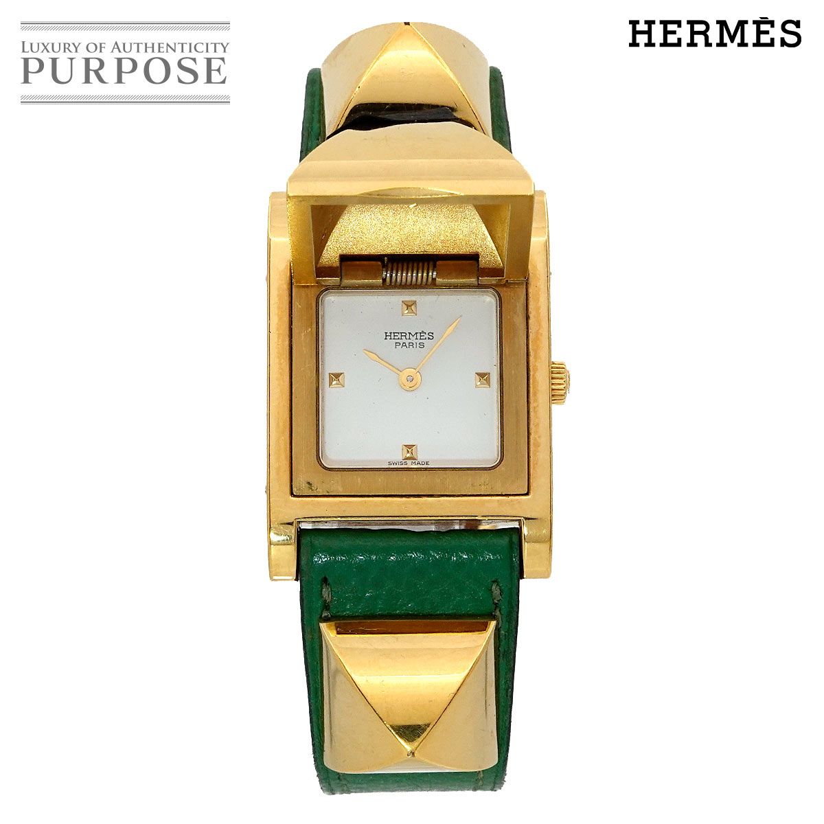 エルメス HERMES メドール ヴィンテージ レディース 腕時計 ピラミッド ゴールド スタッズ ホワイト グリーン クォーツ Medor 90274987