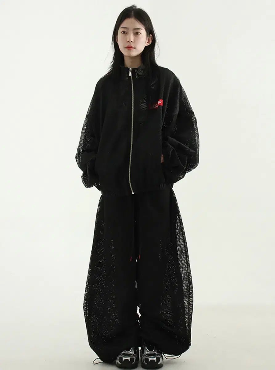 ローカルマンション メッシュ ワイド ジョガー バンディング パンツ 黒