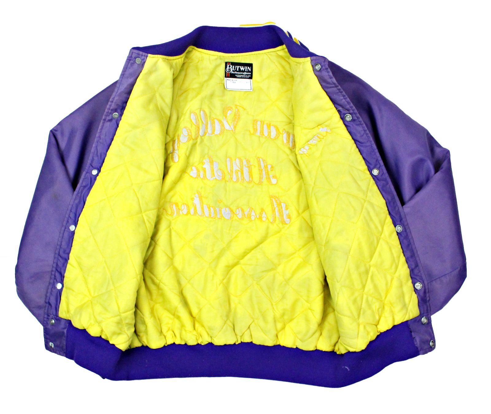 パープル黄色BUTWIN ビンテージ ナイロンスタジャン 90s 紫 黄色 刺繍ワンポイント