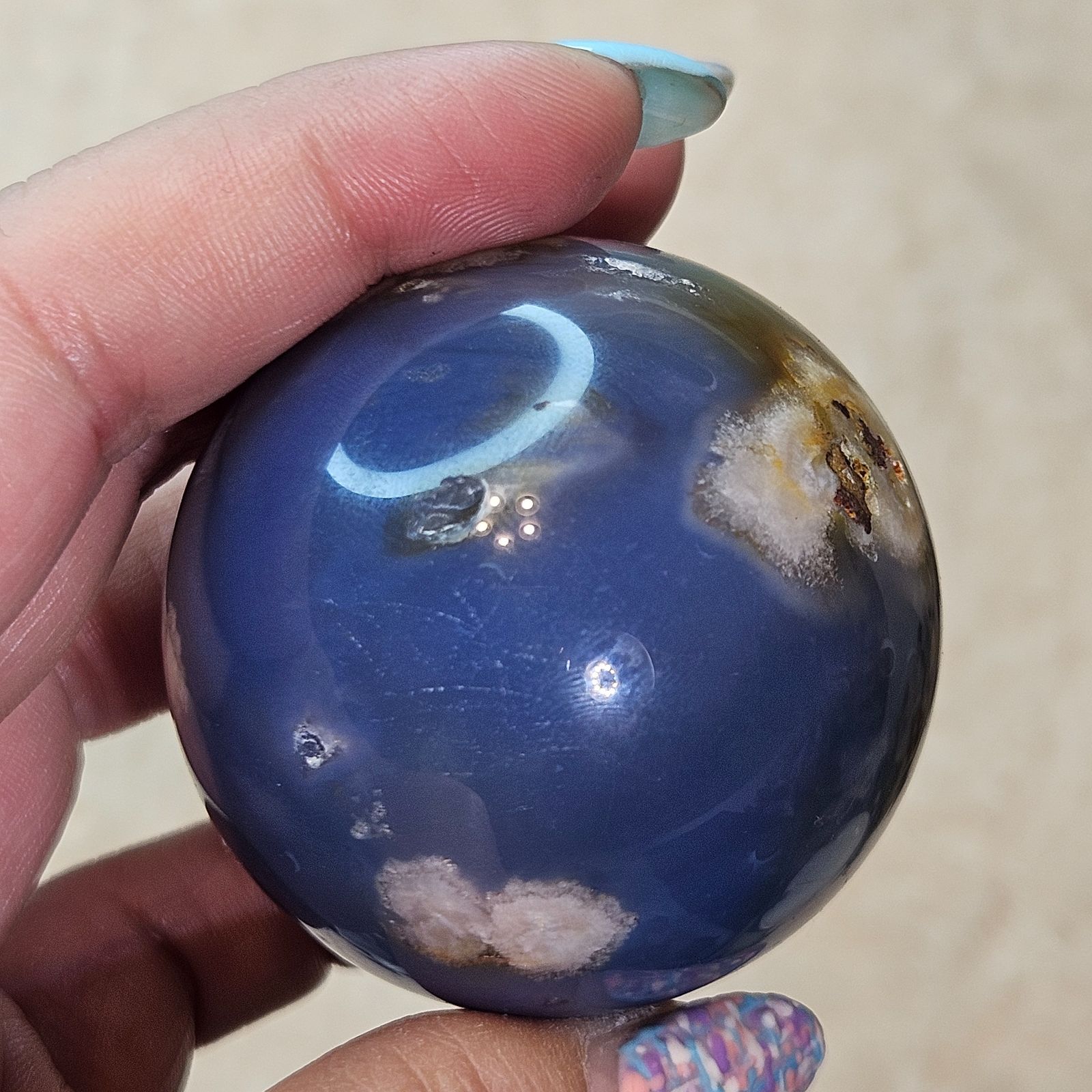 高品質 ブルーフラワーアゲート ブルー桜瑪瑙 月 ムーン スタンド付き