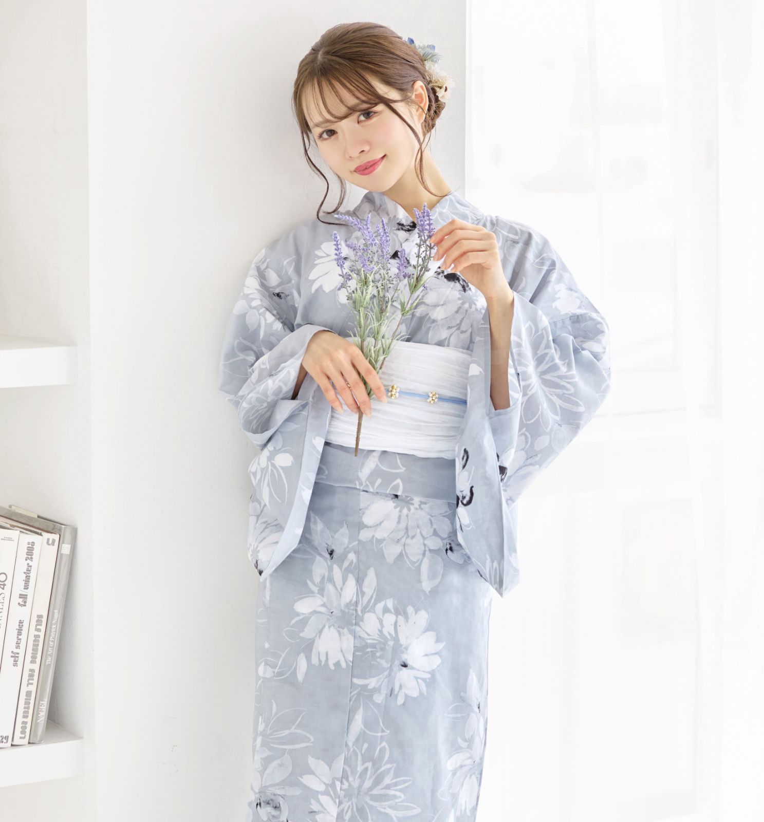 新品 浴衣 4点 セット ゆかた 浴衣セット 水彩の花まつり(薄灰色
