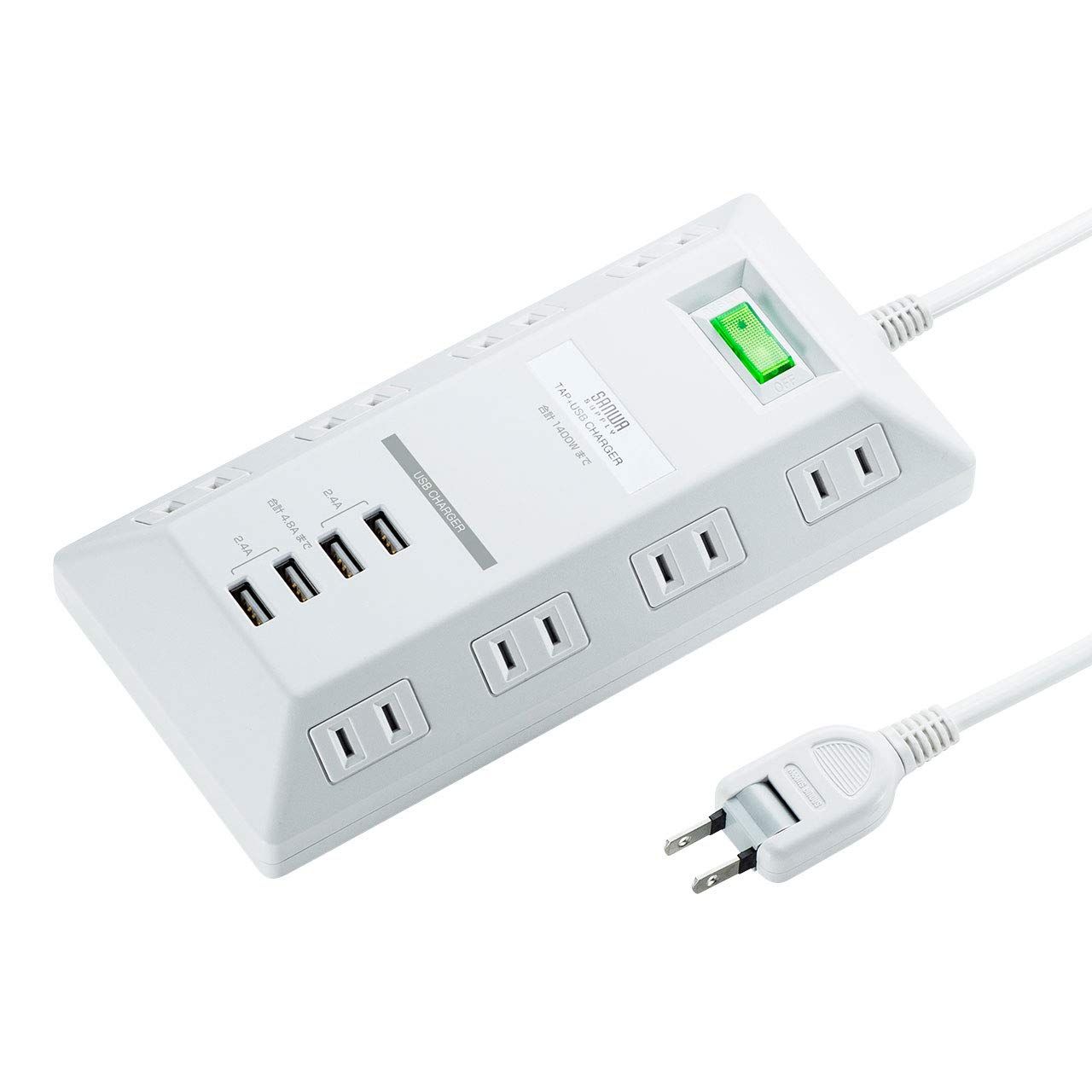 サンワサプライ USB充電ポート付きタップ AC×8個口 USB A ×4ポート 2Pプラグ 両端差し込み対応レイアウト 平型 台形 一括集中スイッチ ホコリシャッター付き TAP-B109U-3W ホワイト