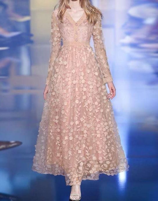 結婚式 ワンピース パーティードレス ドレス ロング丈 ロング ピンク 花柄 袖あり 長袖 Vネック レース お呼ばれ 韓国 二次会 演奏会 ステージ衣装 フェミニン Tasa01