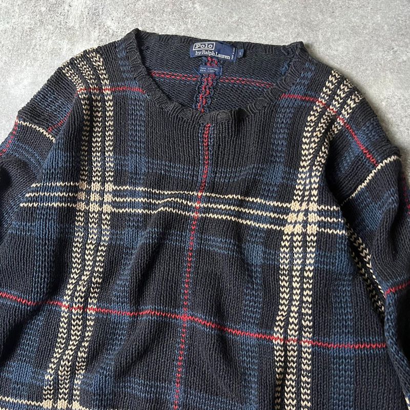 90s POLO RALPH LAUREN チェック コットン リネン 長袖 ニット