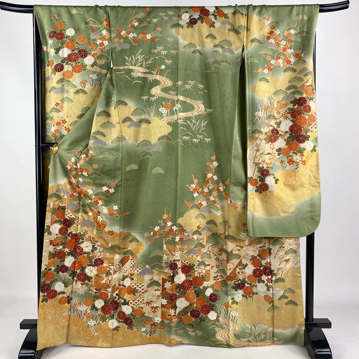 振袖 身丈167cm 裄丈68cm L 袷 松竹梅 菊 金糸 金彩 よもぎ色 正絹 秀品 【中古】 - メルカリ