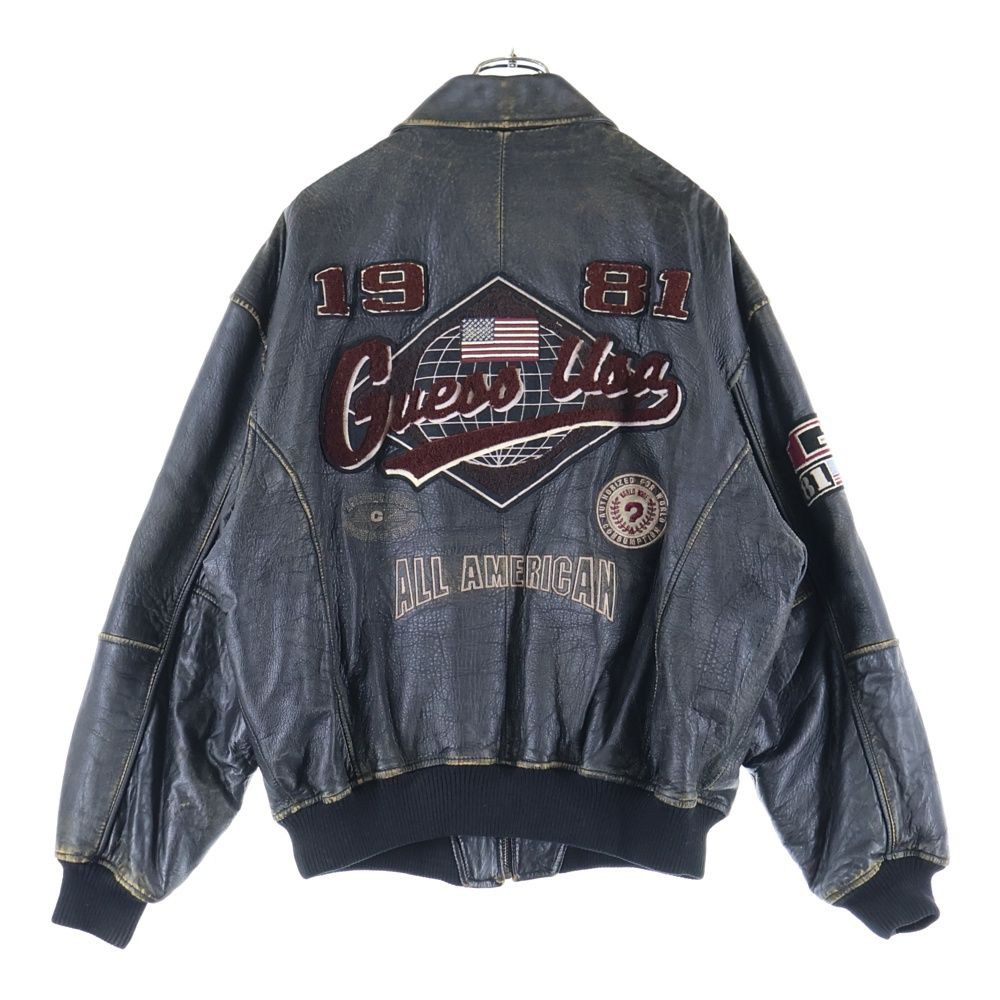 最終値下げ‼ 90s ヴィンテージ GUESS レザー ジャケット 黒白 398 GUESS - 希少 GUESS ゲス 90s 本革 ダブルライダース レザージャケット