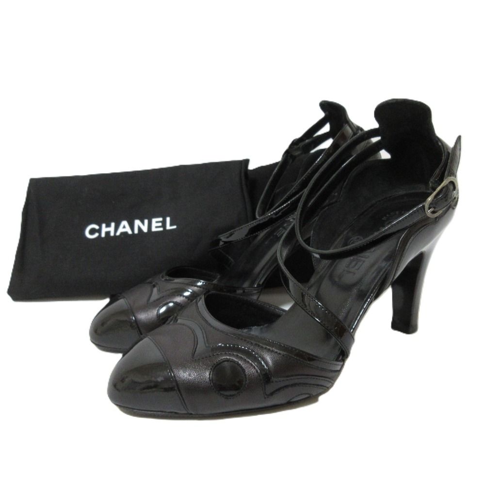 CHANEL シャネル パテントレザー ココマーク アンクルストラップ セパレート パンプス サイズ37 約24cm ブラック レディース 古着