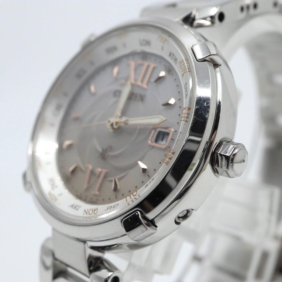 稼働品 シチズン クロスシー 腕時計 H240-T020097 エコドライブ 電波ソーラー ワールドタイム レディース デイト シルバー アナログ ビジネス エレガント デュラテクト クリーニング済み G4