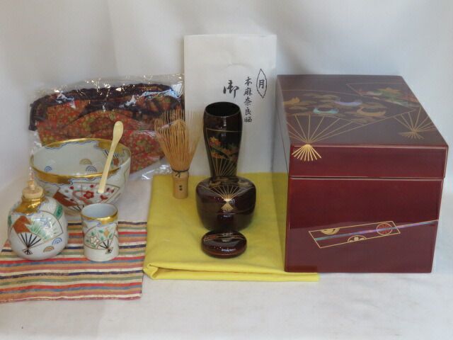九月◆特売品 平安 鈴木光入作 扇面散蒔絵 茶箱セット 上茶杓 三点仕覆 手塚央作 茶碗三点セット 振出 巾筒 棗 茶道具 税込 送料込