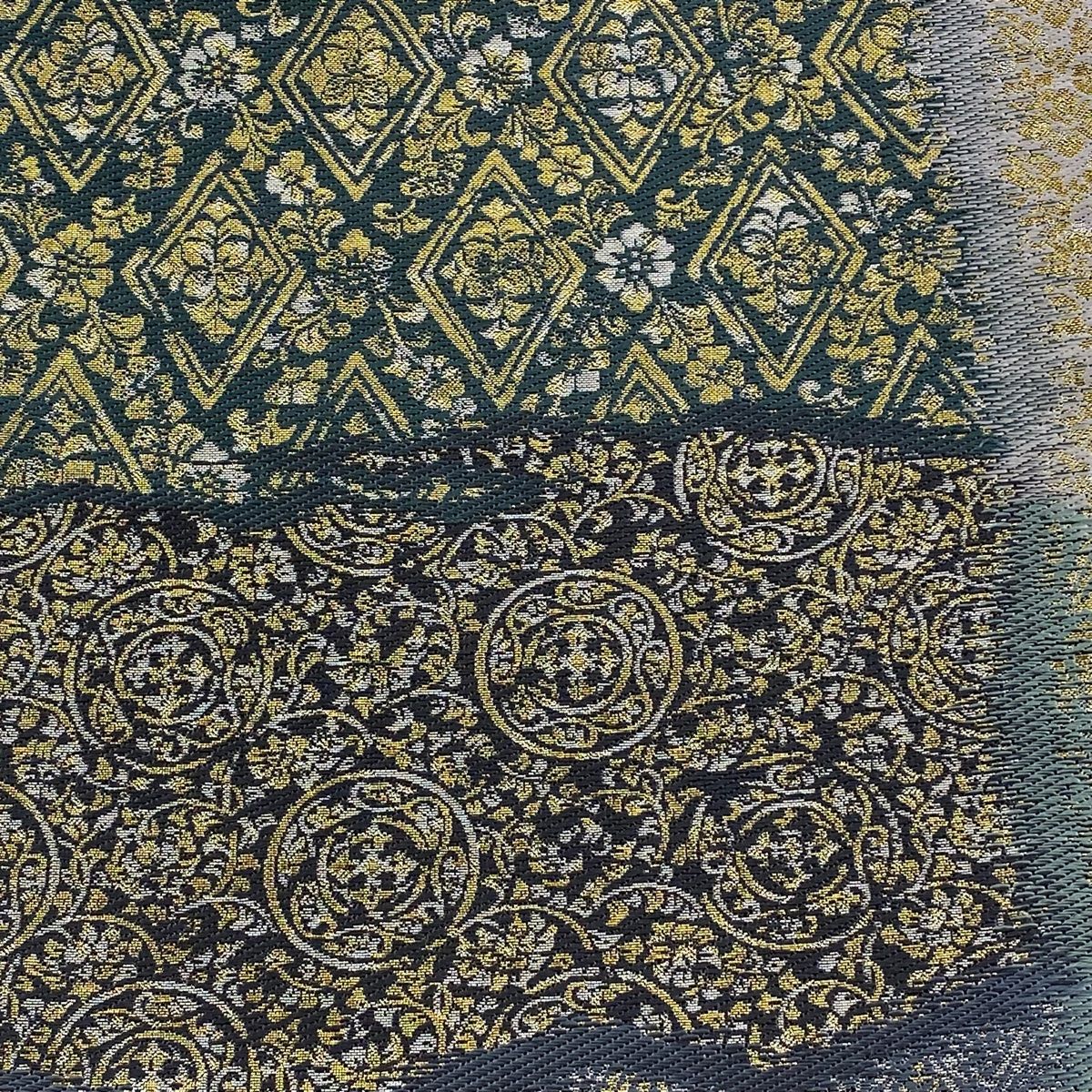 袋帯 秀品 花唐草 菱 箔 灰緑 六通 正絹