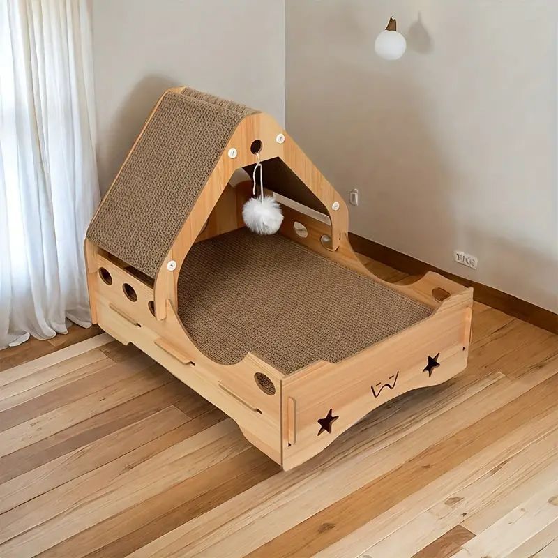 キャットベッド 猫ベッド 木製 段ボール ハウス キャットハウス 爪とぎ ボード スクラッチボード ボール おもちゃ付き 多機能 頑丈 ユニーク かわいい おしゃれ 室内 春 夏 秋 冬 通年 オールシーズン ペット用品 猫用 小型猫 中型猫 大型猫