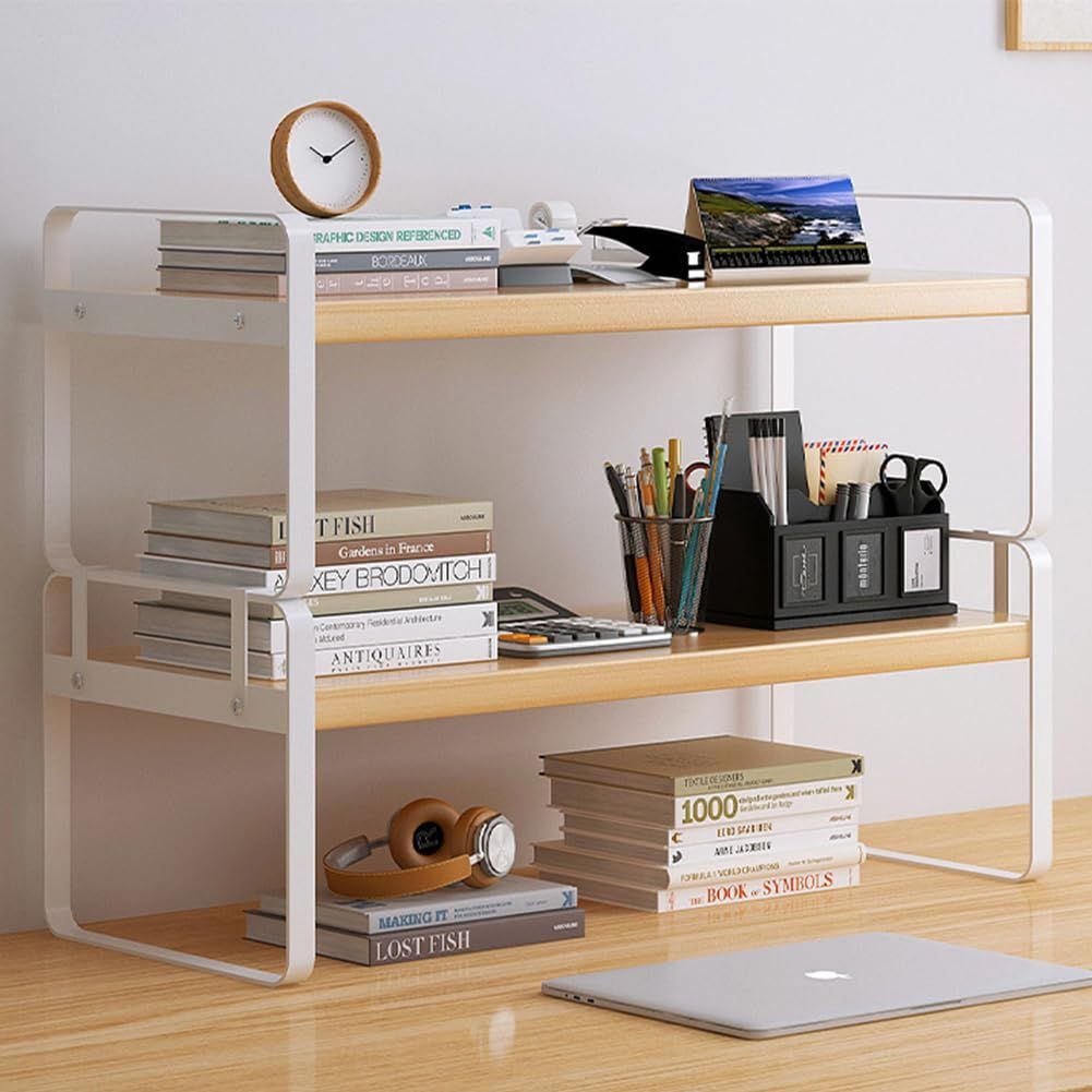 【特価商品】デスク上置棚 白 デスクシェルフ 黒 卓上収納棚 幅30/40/50cm 簡単組立 デスク上収納ラック スペース活用 奥行20cm 机上棚 おしゃれ 一段/二段/三段 (ホワイト-ナチュラル デスクラック 卓上棚 2段-幅30cm) PFLife