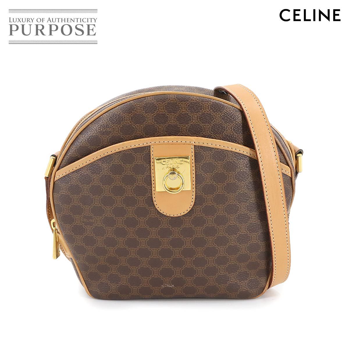 【美品】セリーヌ　ショルダーバッグ　レザー　PVC ゴールド金具　マカダム　濃茶 CELINE - 美品 セリーヌ CELINE マカダム ショルダー バッグ PVC