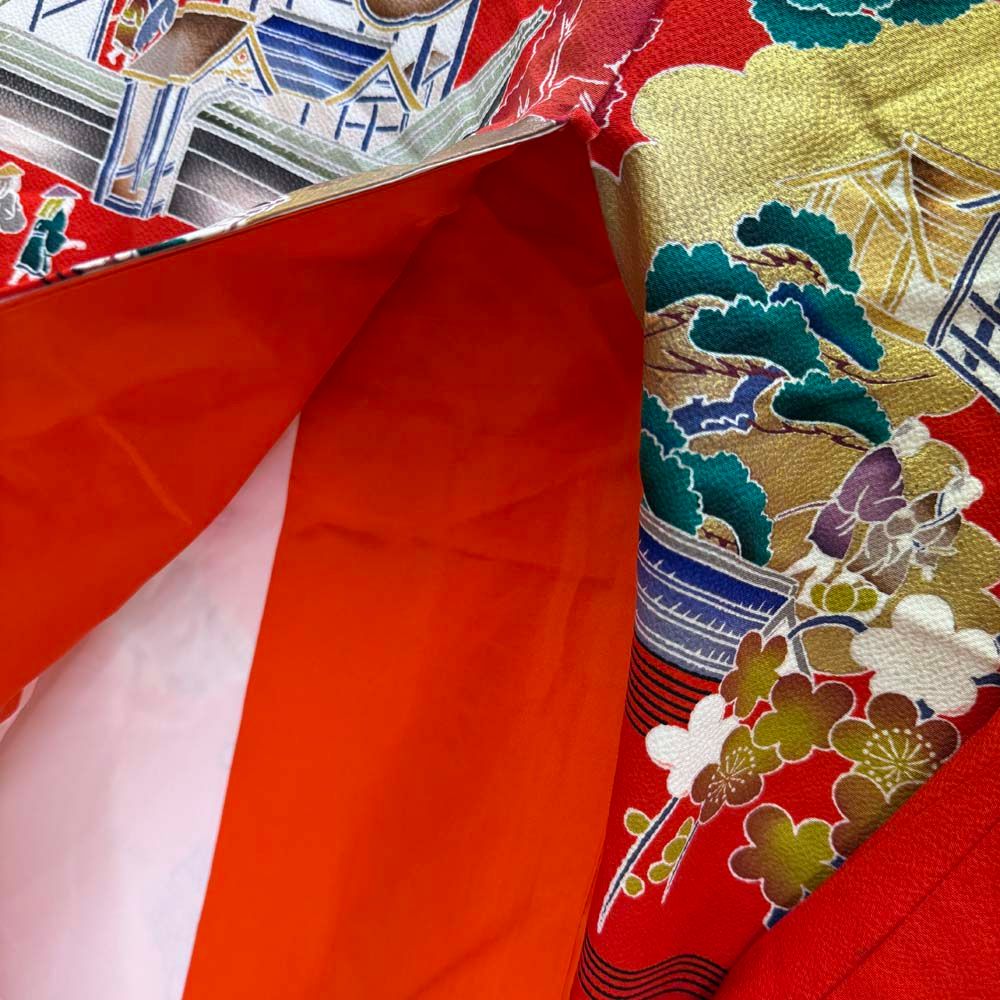 本振袖 引き振袖 正絹 赤 花柄 古典 刺繍 結婚式 裄64.2cm Bランク  