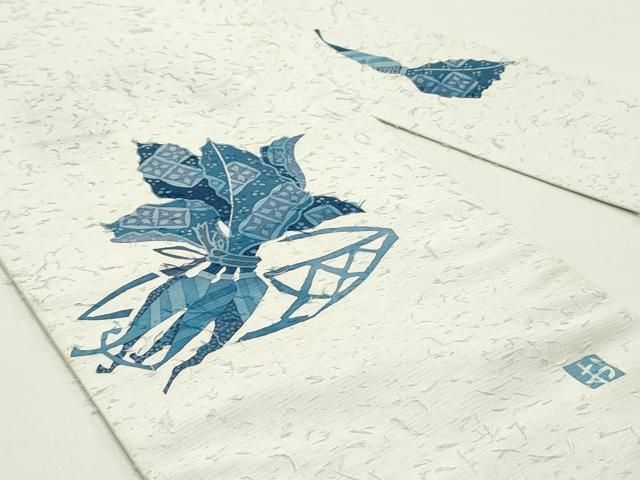 平和屋着物●九寸名古屋帯 作家者 髭紬 ろうけつ染め 七宝成り物籠文 白花色 正絹 DAAY0167ob