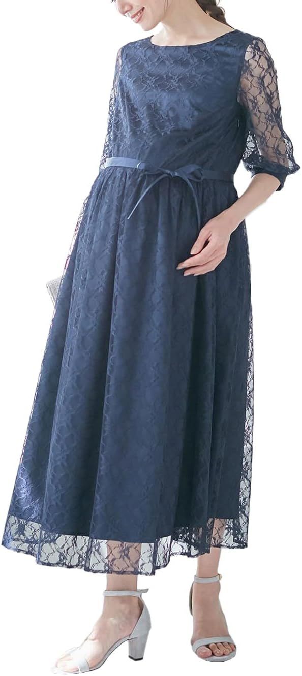 [ANGELIEBE エンジェリーベ] マタニティ ワンピース 授乳服 総レース ロング ワンピ サテンリボンベルト付 産前 産後 フォーマル 29290