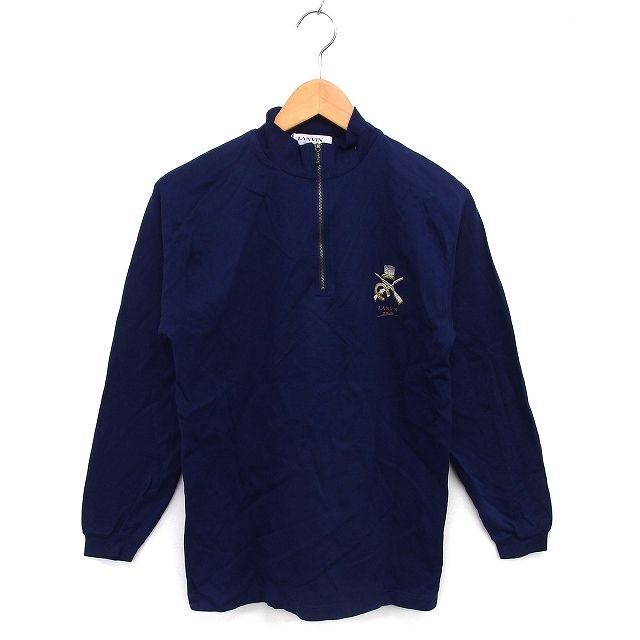 ランバン LANVIN Studio ハーフジップ Tシャツ カットソー モックネック ロゴプリント コットン 綿 長袖 48 紺 ネイビー /NT23